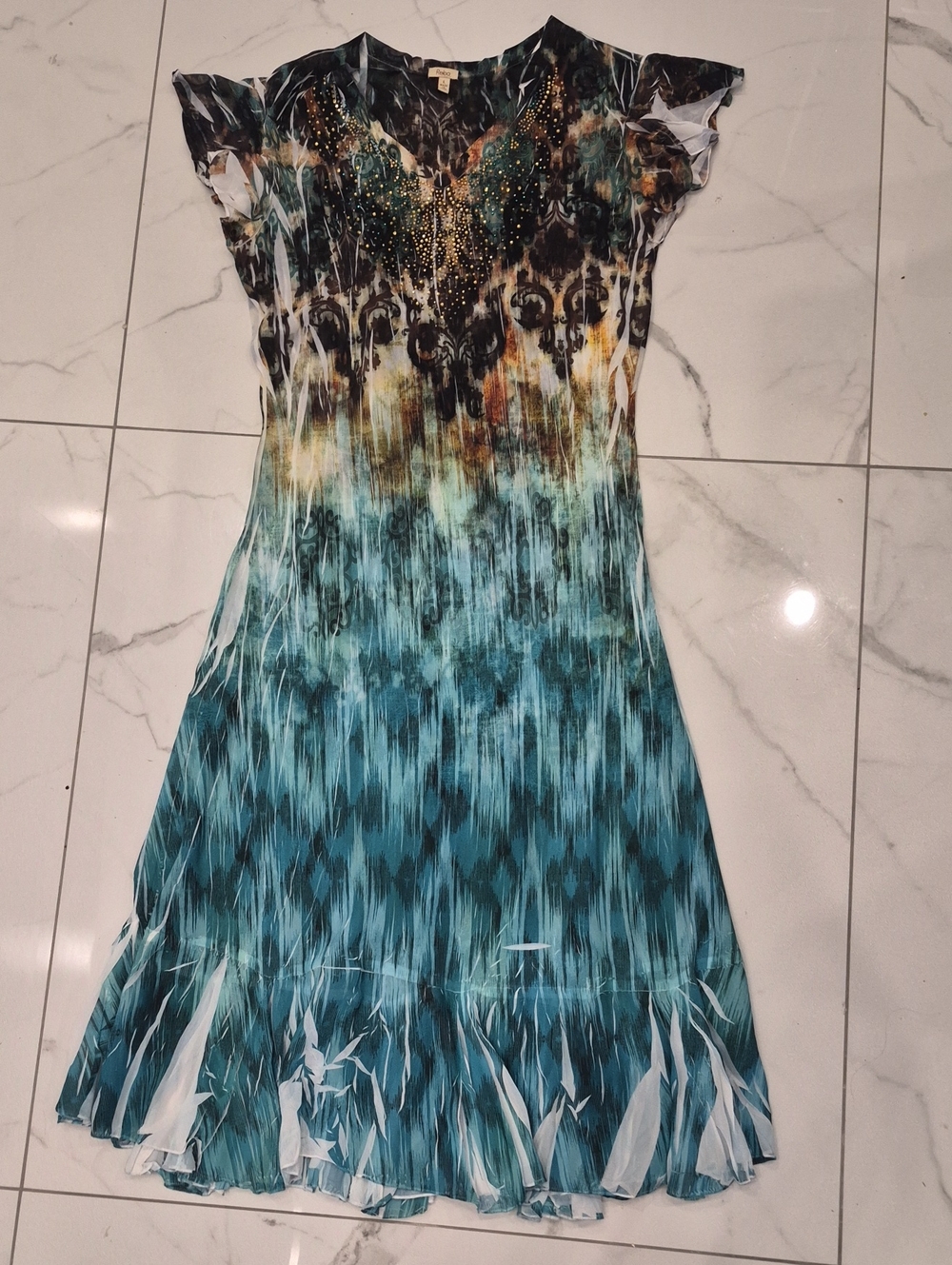 Reba Teal Aqua Ombre V-Neck Maxi Dress with Bead Detail